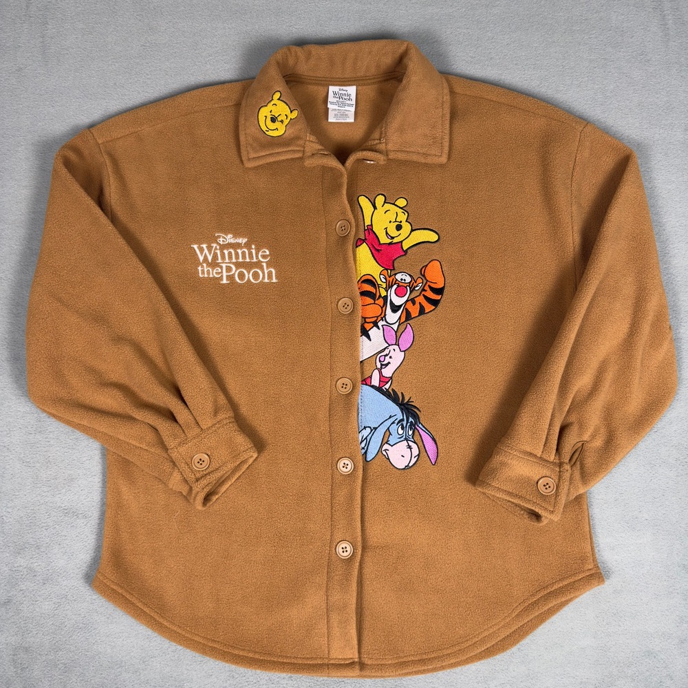 Disney Winnie the Pooh Friends Embroidered Fleece Shacket Hazelnut Brown Mens L